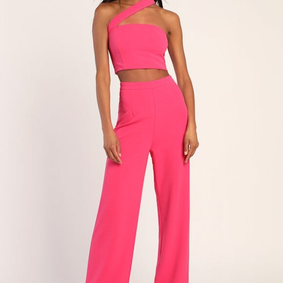 Lulus Pants - Lulu's Pink One-Shoulder Jumpsuit